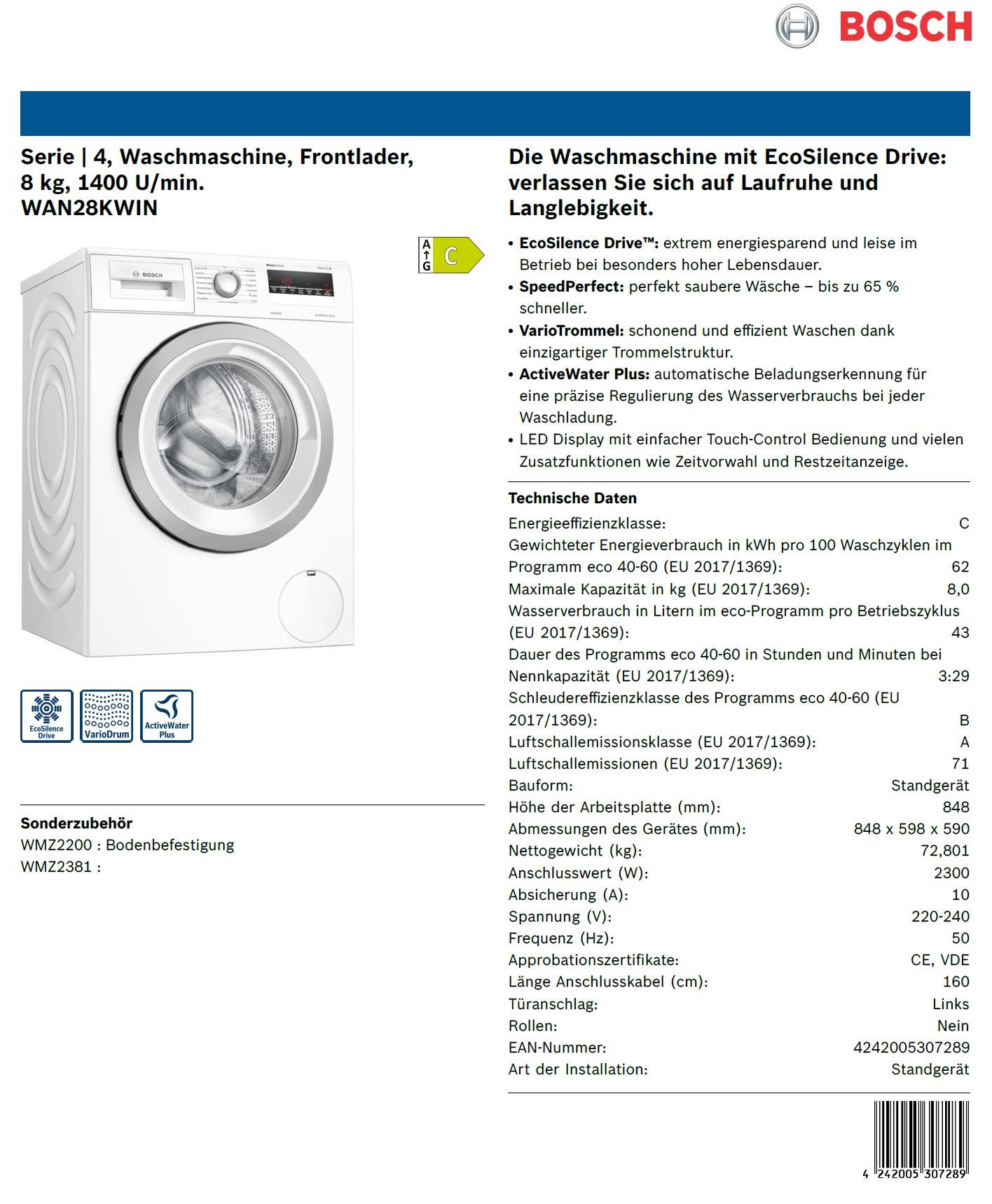 Bosch Wan28kwin Frontlader 8kg 1400umin Waschmaschine Serie 4